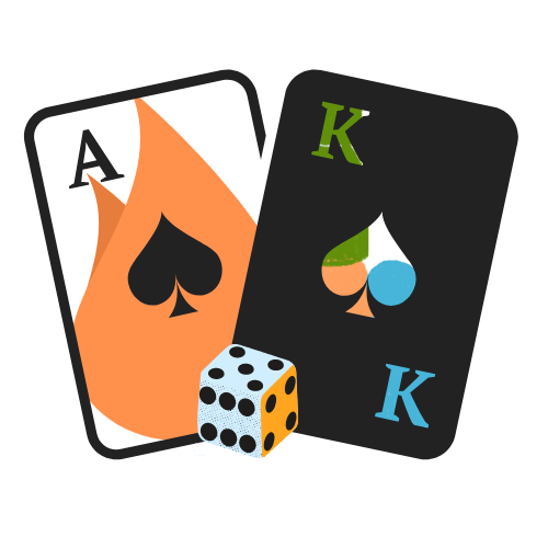 Two cards with colors with a die between them